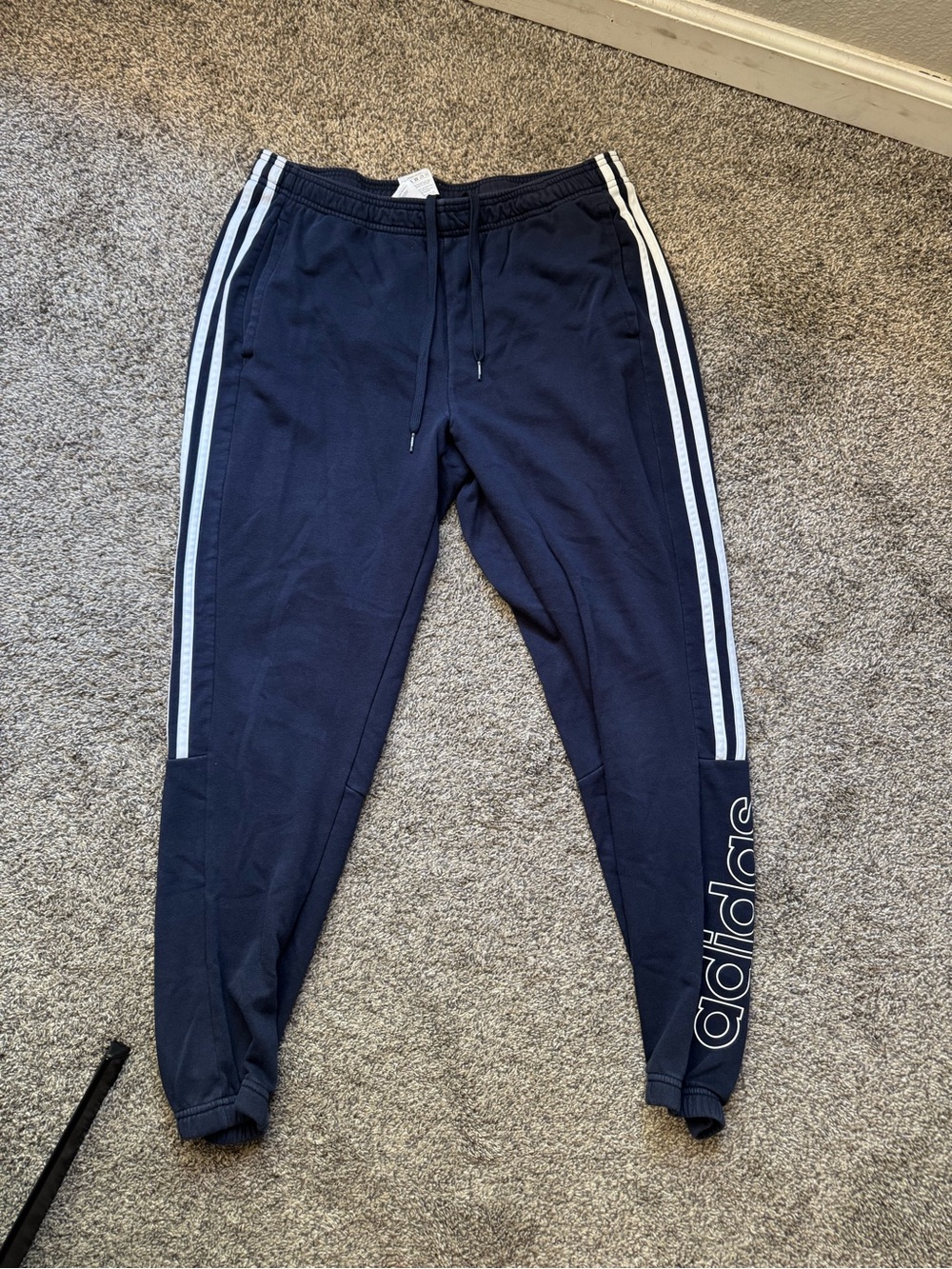 Adidas Navy Blue Men's Joggers with White Side Stripes